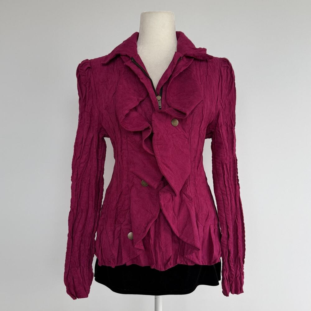 Cowan Jacket Womens Large Pink Ruffle Front Crinkle Zip Microfiber Collar Lined